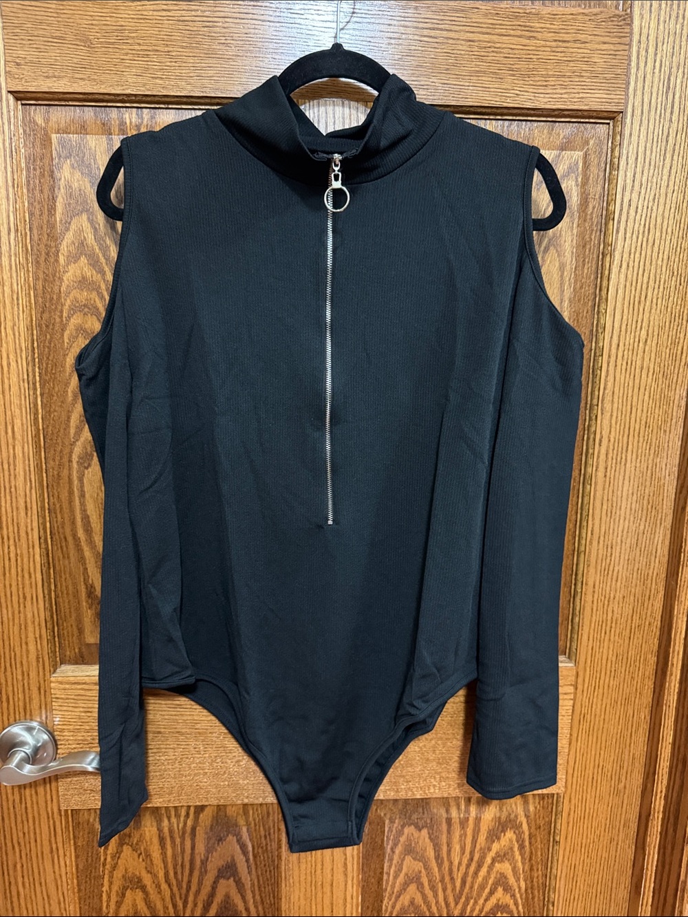 SHEIN Black Mock Neck Cold Shoulder Long Sleeve Zip Bodysuit